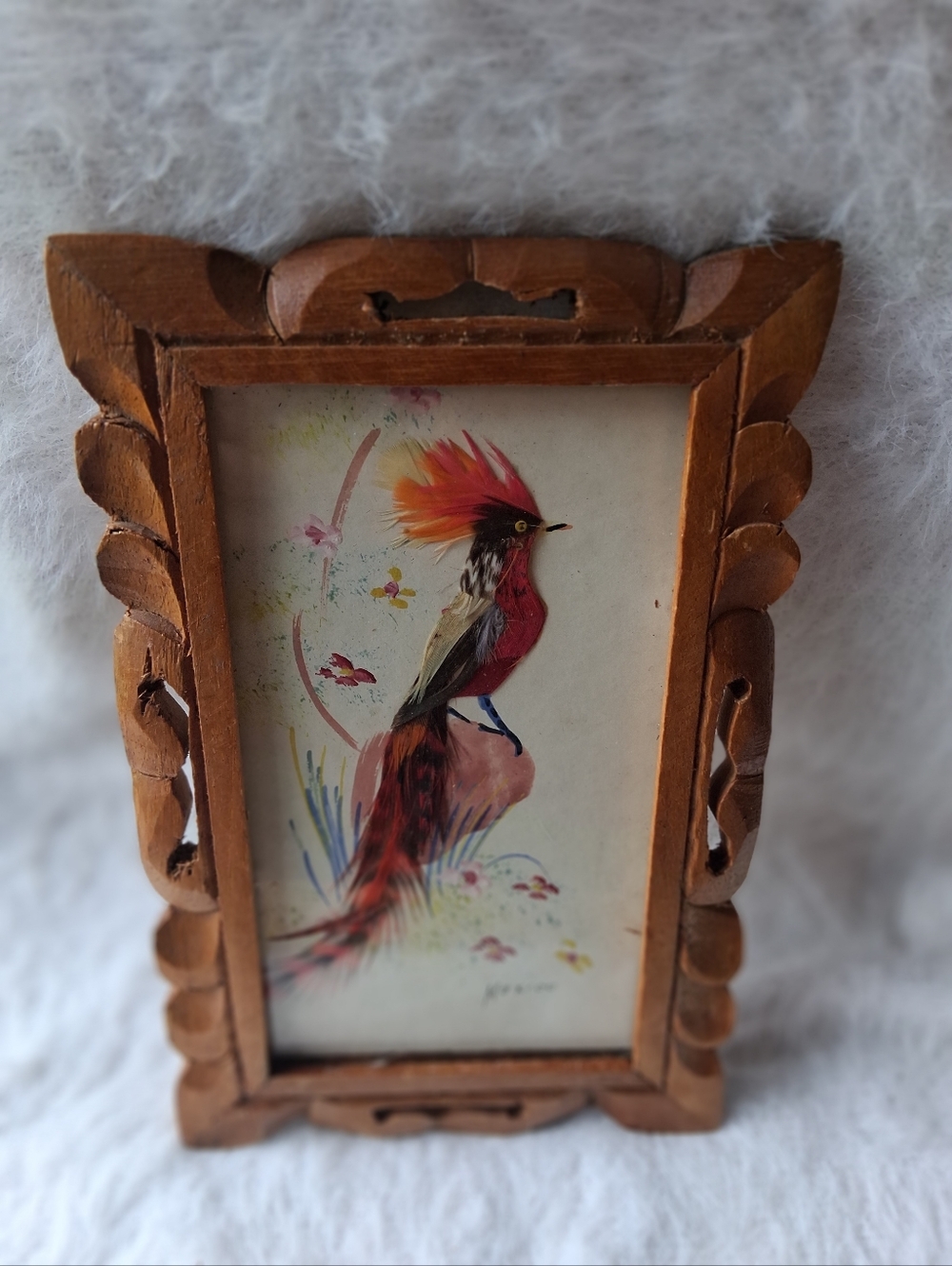 Handcrafted Wooden Framed Bird Painting - Red & Orange Accent Mexican Feather